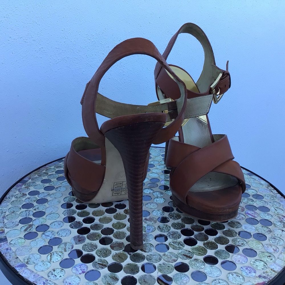 Michael Kors Women's Leather High Heeled Strappy Sandals with Signature Hardware - Picture 10 of 15